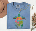 Floral Sea Turtle Embroidered T-Shirt - Summer Beach Vibes for Turtle Lovers