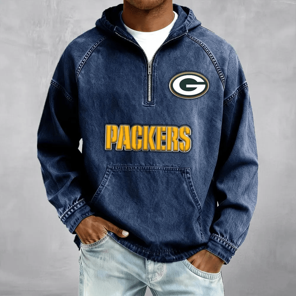 Green Bay Packers Men's Half-Zip Denim Hoodie