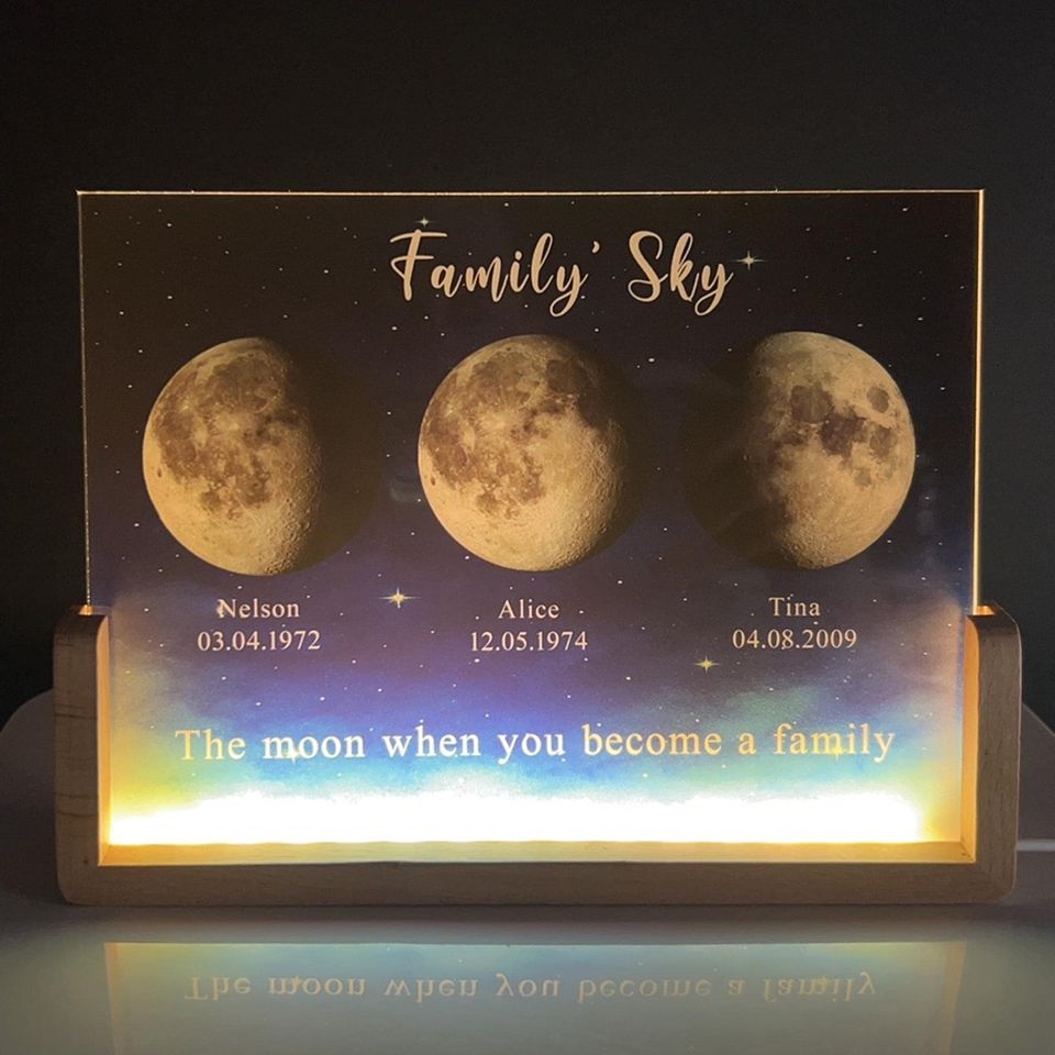 Personalized Moons Phase Night Light with Kids Names - Custom LED Lamp by Date, Mothers Day Gift for Mom, Grandma & Mama, Family Keepsake