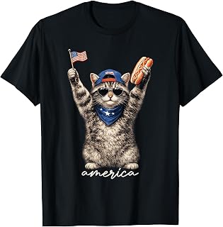 America Funny Cat Hot Dog Lovers Patriotic US Flag T-Shirt