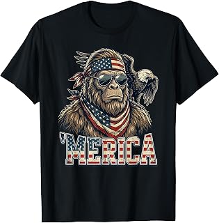 Bigfoot Merica American Flag Patriotic USA Funny Sasquatch T-Shirt