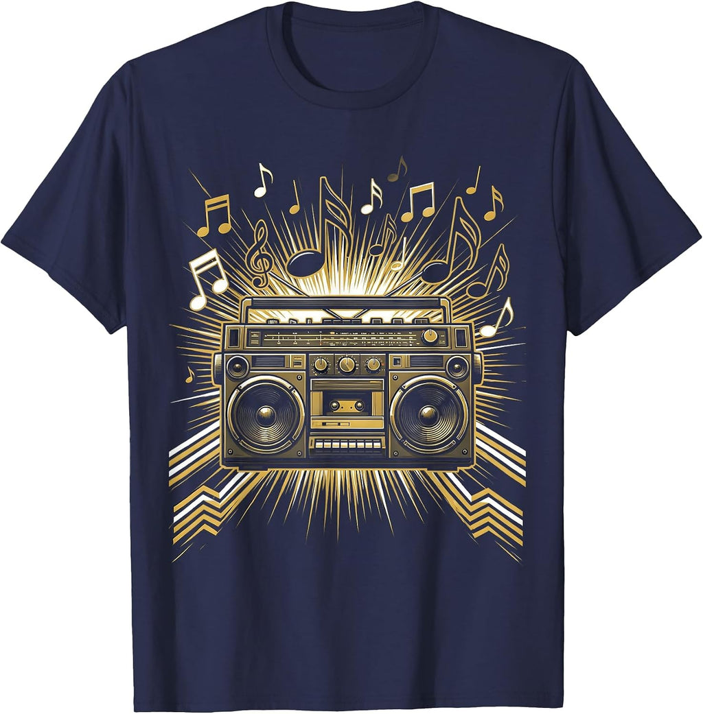 Retro Boombox Musical Notes Graphic Tee T-Shirt