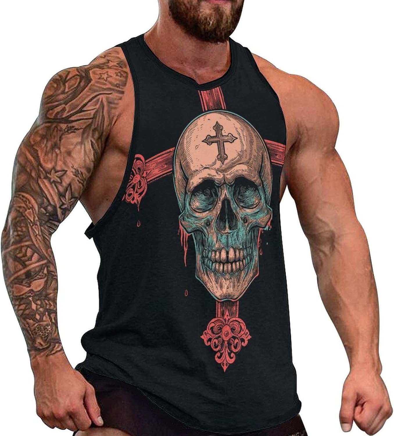 Graphic Tank Tops for Men Novelty Skull Print Tank Tops for Men Casual Sleeveless Cotton Shirts for Men Big and Tall Workout Tees for Men Quick Dry Gym Shirts 2XL