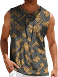 Mens Sleeveless Lace Up Shirts Summer Beach Vacation Breathable Lightweight Loose Fit Casual Hawaiian Tank Top