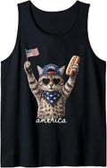 Retro Funny America Cat Hot Dog Lovers Patriotic US Flag Tank Top