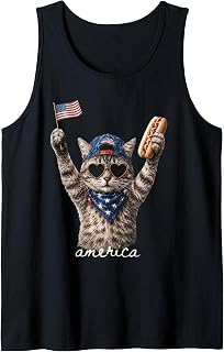 Retro Funny America Cat Hot Dog Lovers Patriotic US Flag Tank Top