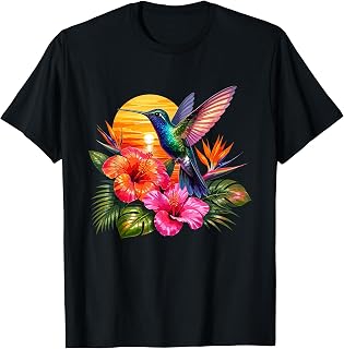 Colorful Hummingbird with Tropical Hibiscus Sunset T-Shirt