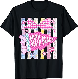 Striped Floral Pennant Flag Sixth Grade Back to School Girls T-Shirt