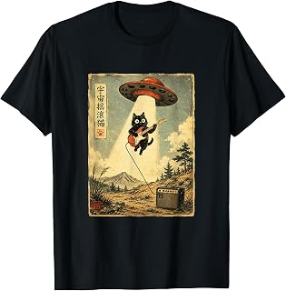 Vintage Japanese Cat Playing Guitar UFO Abduction T-Shirt
