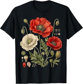 White Red Poppy Flowers Vintage Botanical Garden Plant T-Shirt