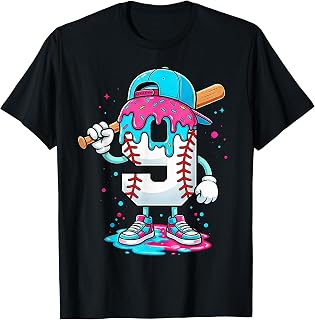 Baseball 9th Birthday Boy 9 Year Old Ice Cream Drip T-Shirt