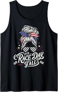 Race Day Hair Bun USA American Flag Sunglasses Design Tank Top