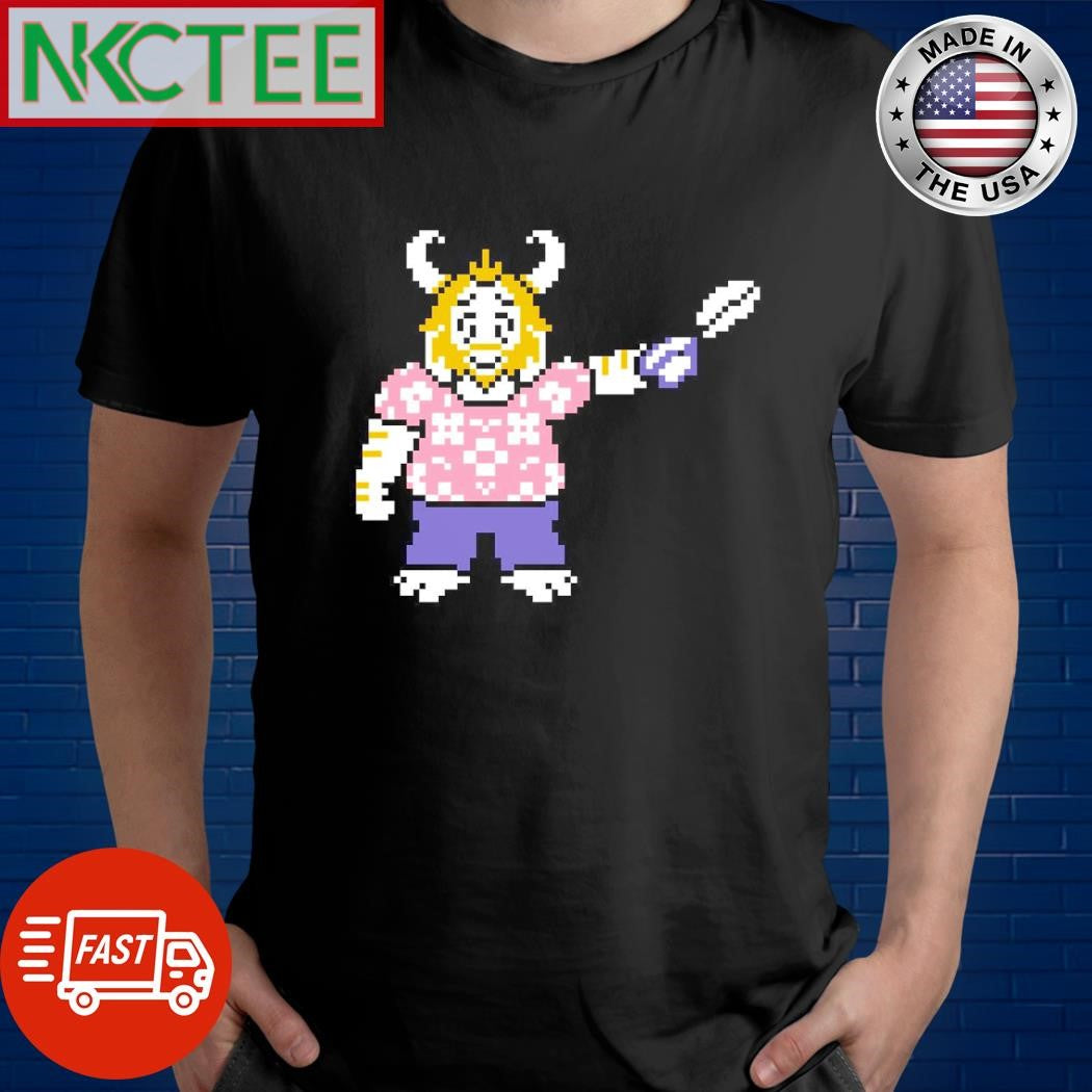 A pixel art sprite of Asgore Dreemurr the indie RPG Undertale shirt