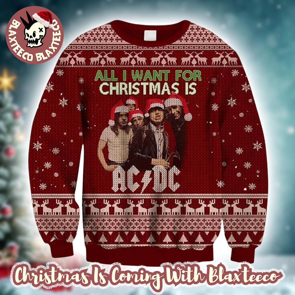 ACDC All I Want For Christmas Is ACDC Snowflakes And Reindeer Pattern Christmas Ugly Sweater