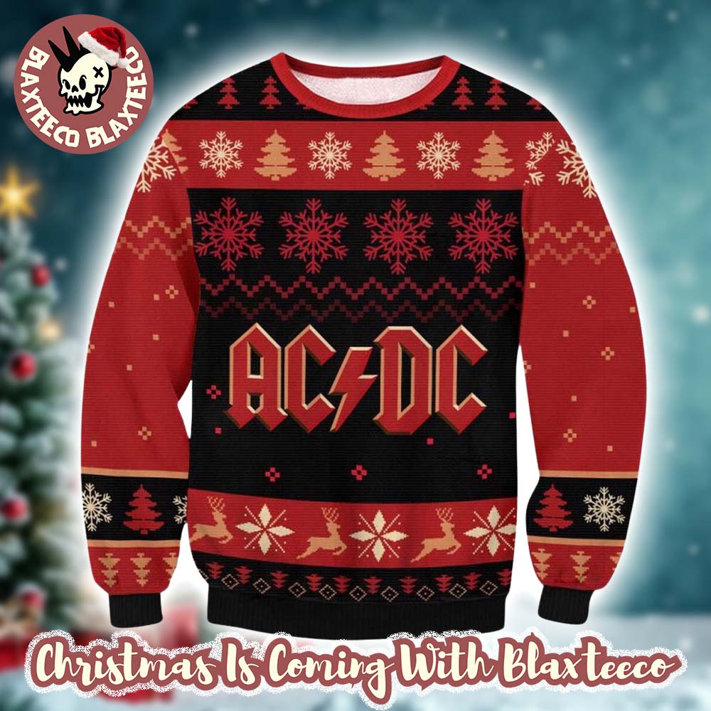 ACDC Logo With Snowflakes And Reindeer Pattern Black And Red Christmas Ugly Sweater