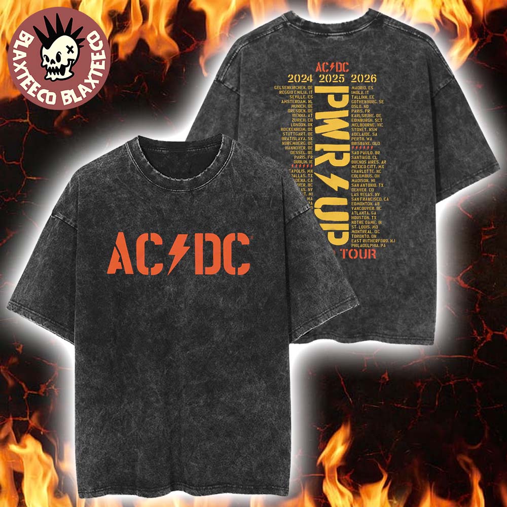 ACDC PWR Up World Tour Merch 2024 2025 2026 Logo With Dates Back Mineral Wash Tee