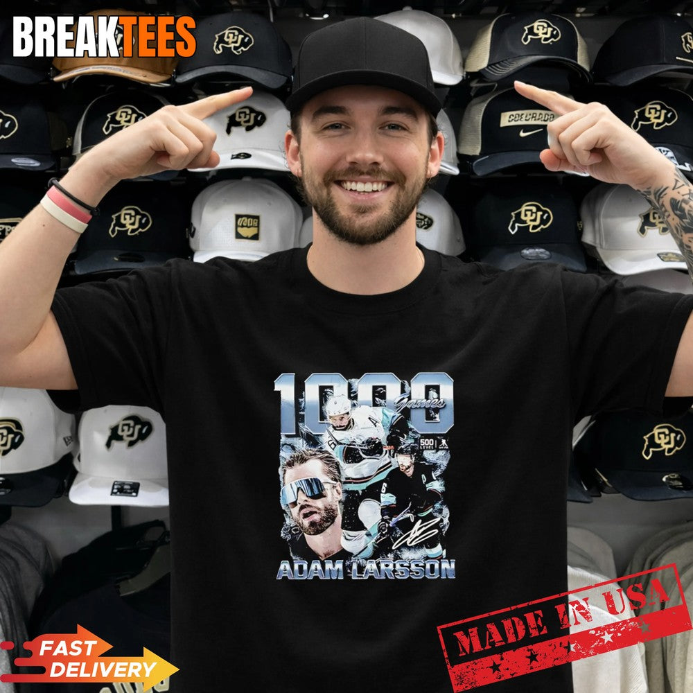 Adam Larsson Seattle 1000 Games Signature Portrait Hockey T-Shirt