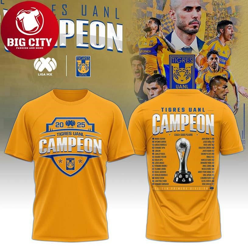 Amarilla Tigres Campeones Liga MX Champions 2025 Two Sided Shirt