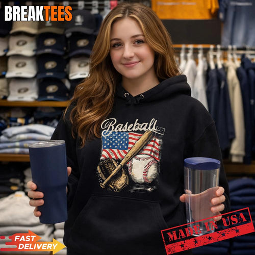 American Flag Baseball Player Bat Fan Catcher Pitcher USA Shirt