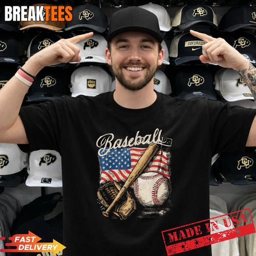 American Flag Baseball Player Bat Fan Catcher Pitcher USA Shirt