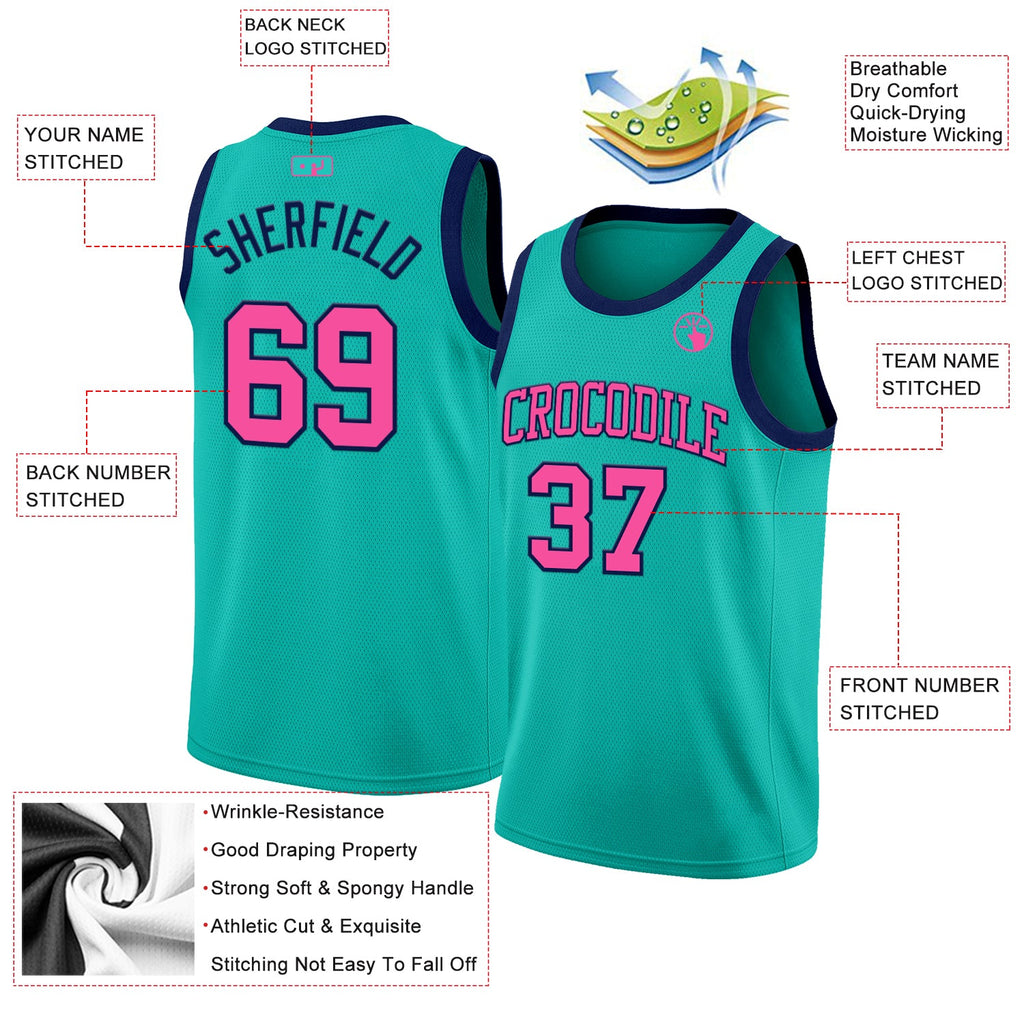 Custom Aqua Pink-Navy Authentic Basketball Jersey