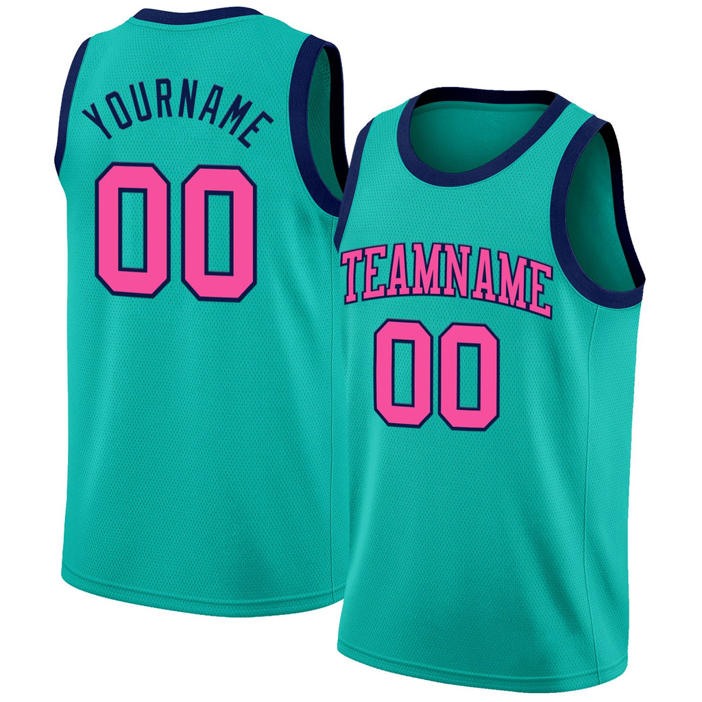 Custom Aqua Pink-Navy Authentic Basketball Jersey