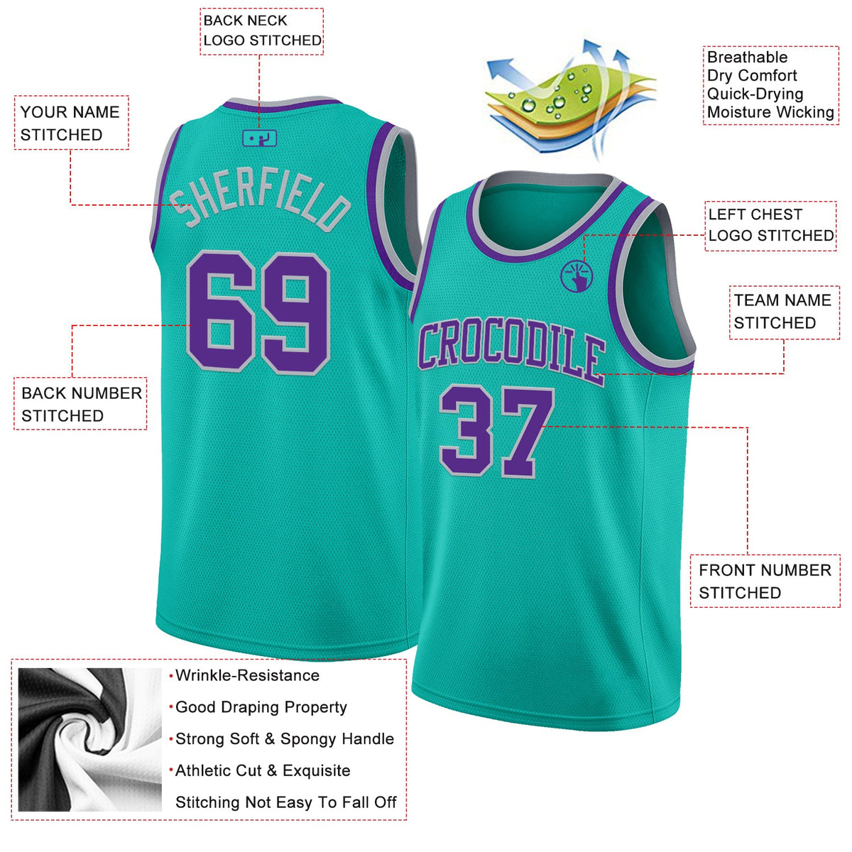 Custom Aqua Purple-Gray Authentic Basketball Jersey