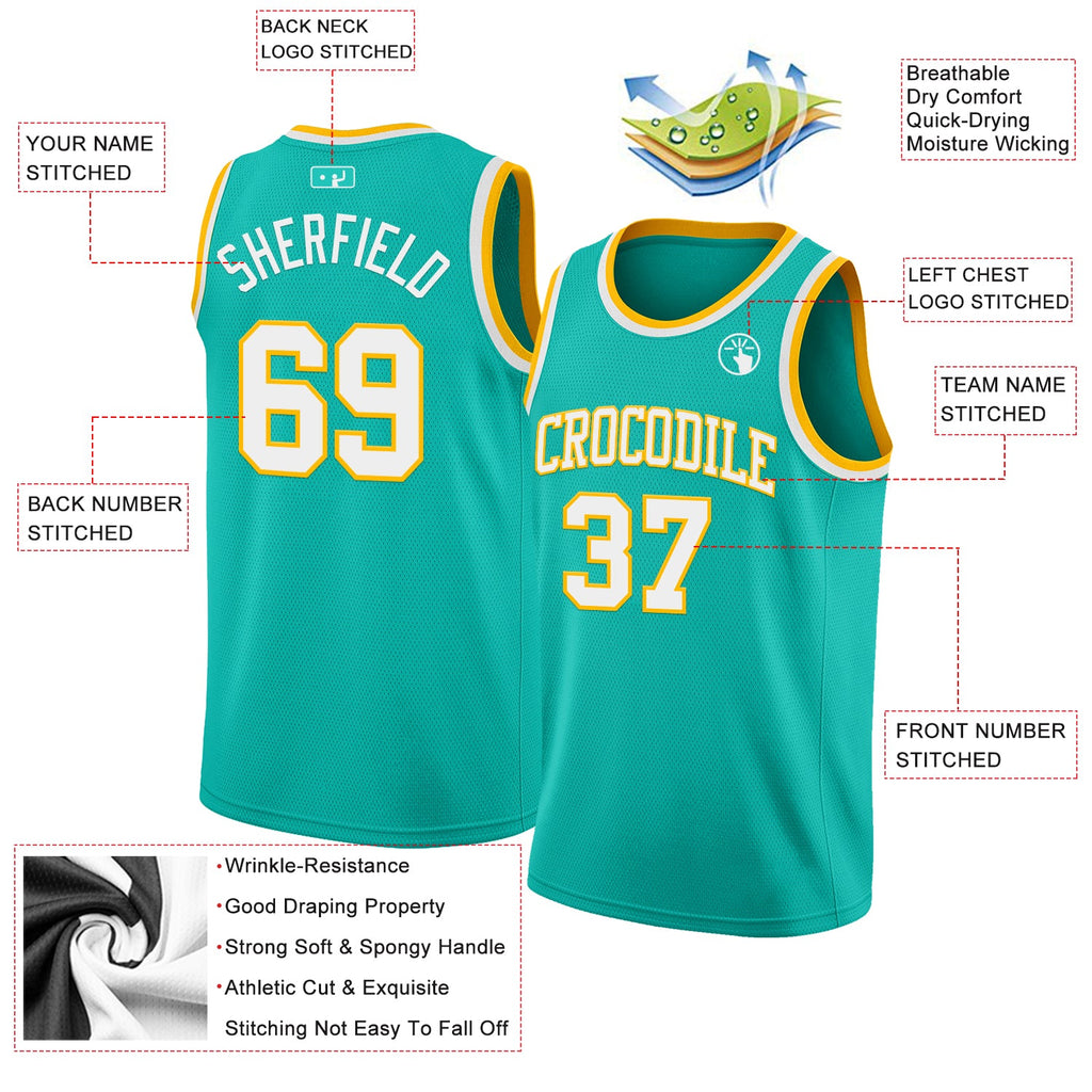 Custom Aqua White-Gold Authentic Basketball Jersey