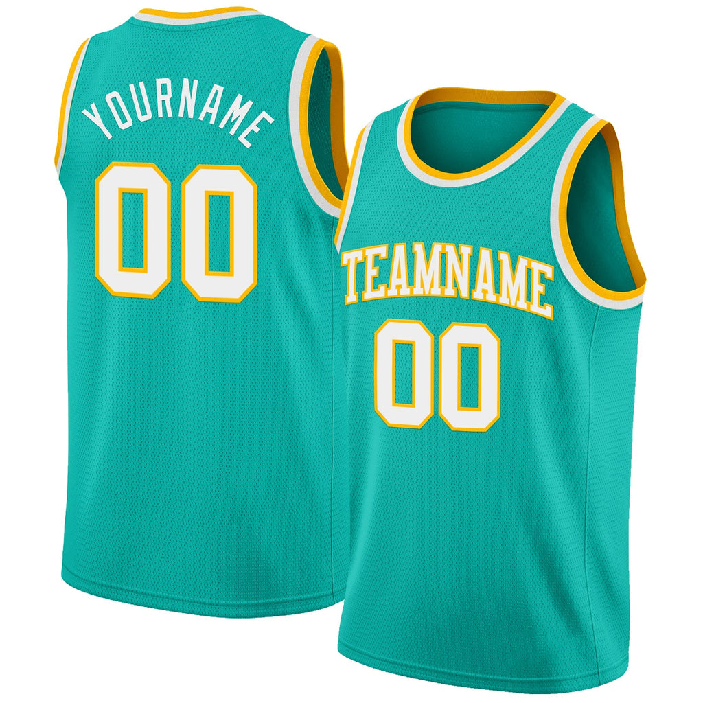 Custom Aqua White-Gold Authentic Basketball Jersey