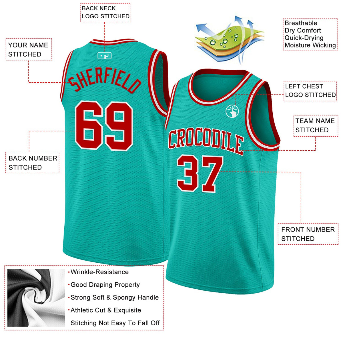 Custom Aqua Red-White Authentic Basketball Jersey