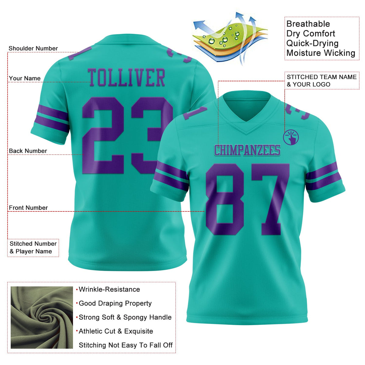 Custom Aqua Purple Authentic Football Jersey