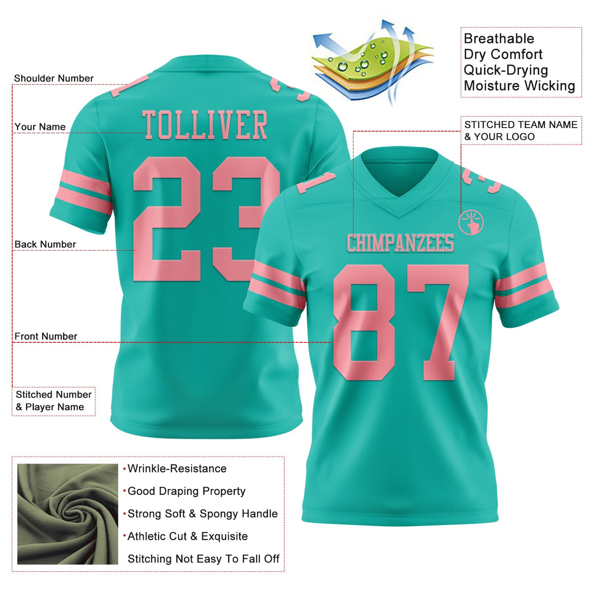Custom Aqua Medium Pink Authentic Football Jersey
