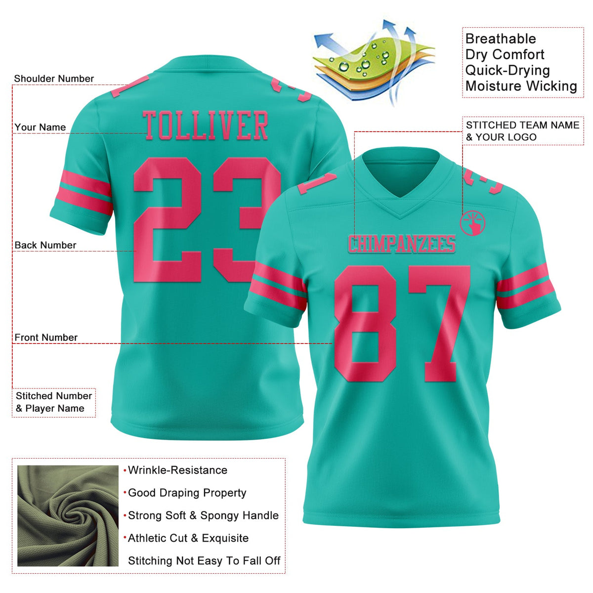 Custom Aqua Neon Pink Authentic Football Jersey