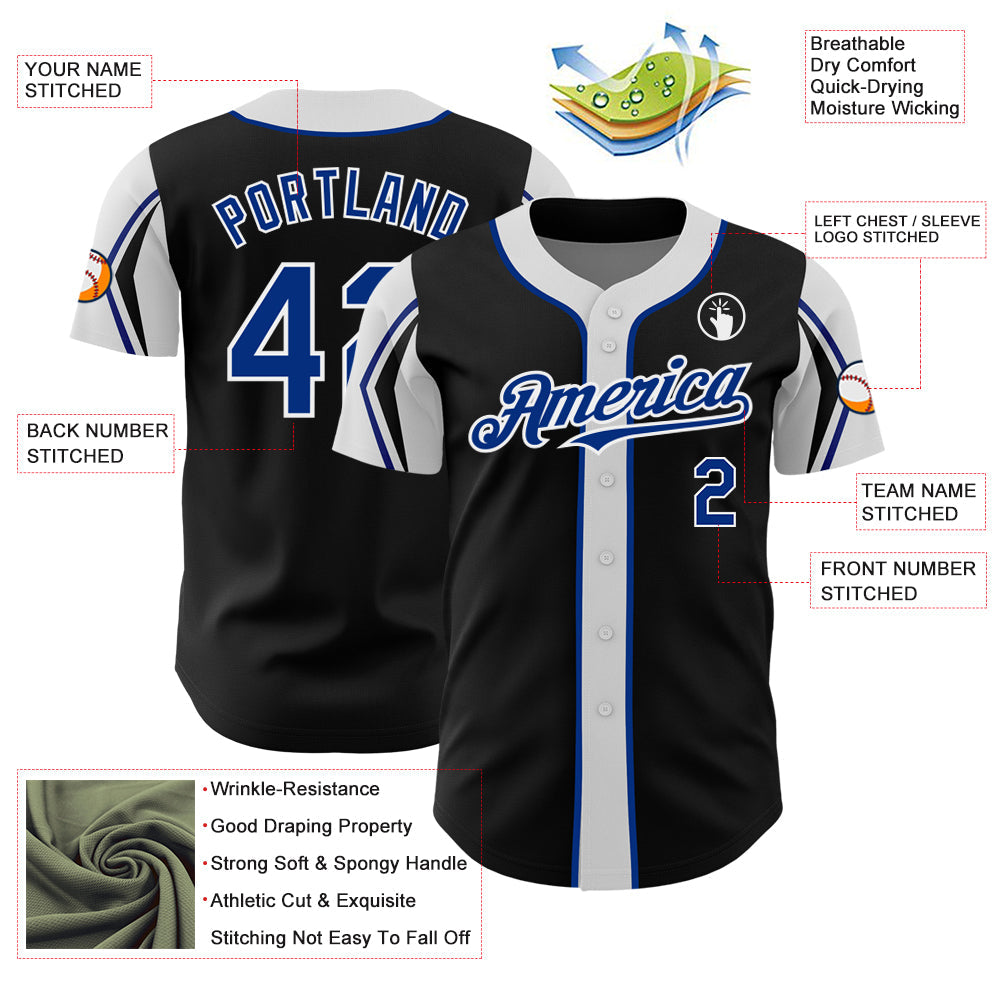 Custom Black Royal-White 3 Colors Arm Shapes Authentic Baseball Jersey