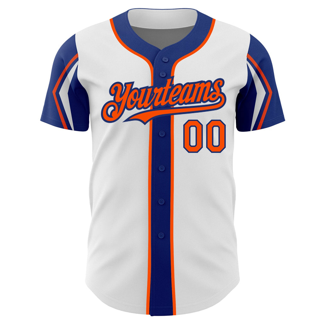 Custom White Orange-Royal 3 Colors Arm Shapes Authentic Baseball Jersey