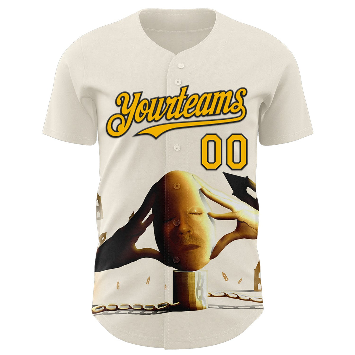 Custom Cream Gold-Black 3D Marcel Caram Thinking Head Authentic Baseball Jersey