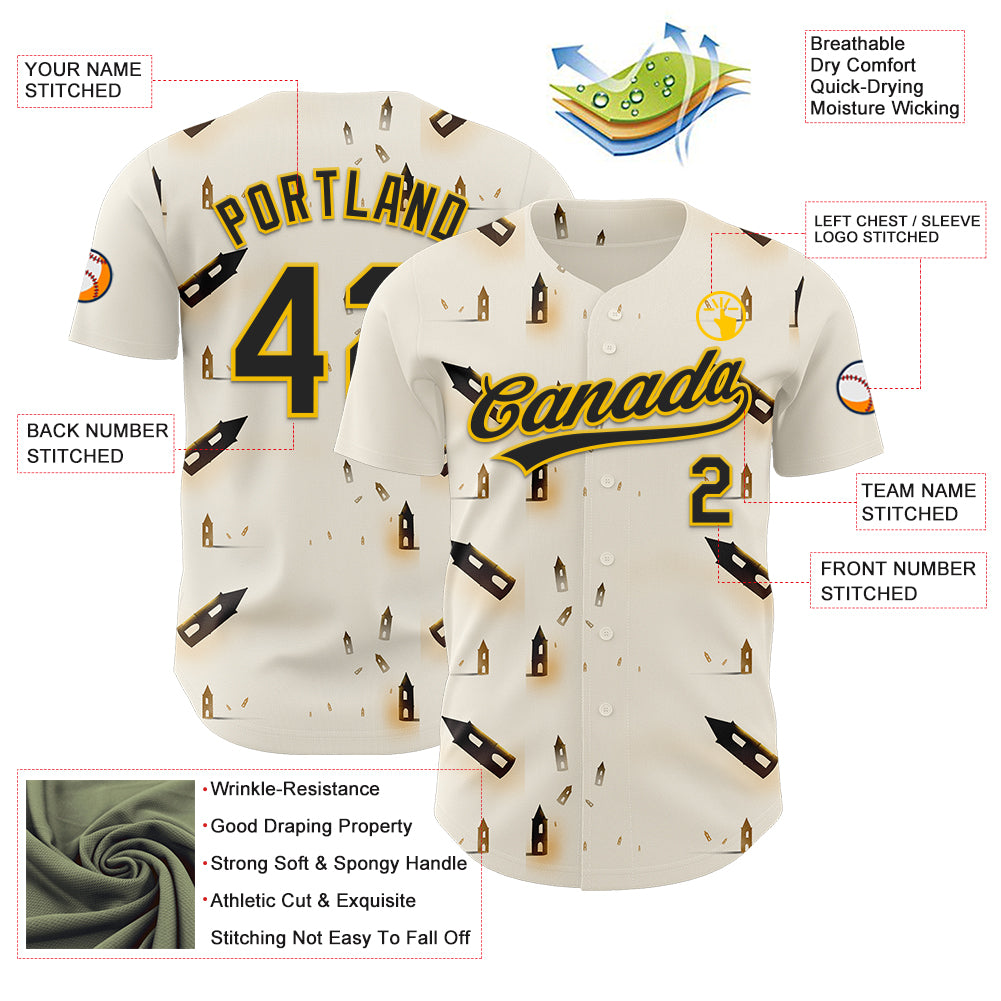 Custom Cream Black-Yellow 3D Marcel Caram Thinking Head Authentic Baseball Jersey