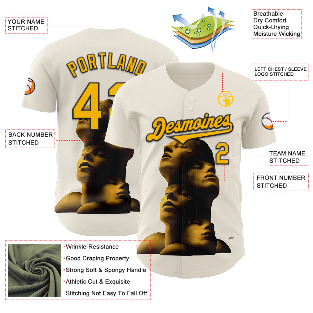 Custom Cream Gold-Black 3D Marcel Caram Composition With Head Authentic Baseball Jersey