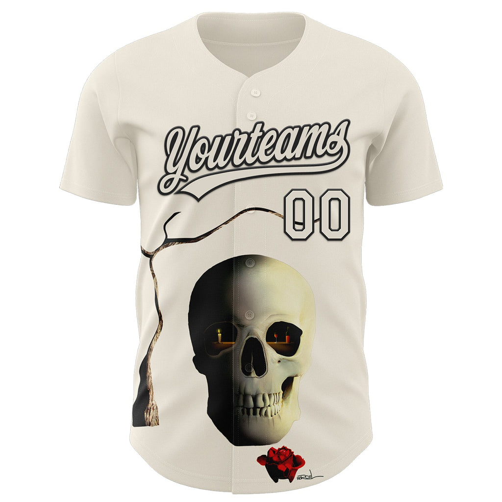 Custom Cream Black 3D Marcel Caram The Skull Authentic Baseball Jersey