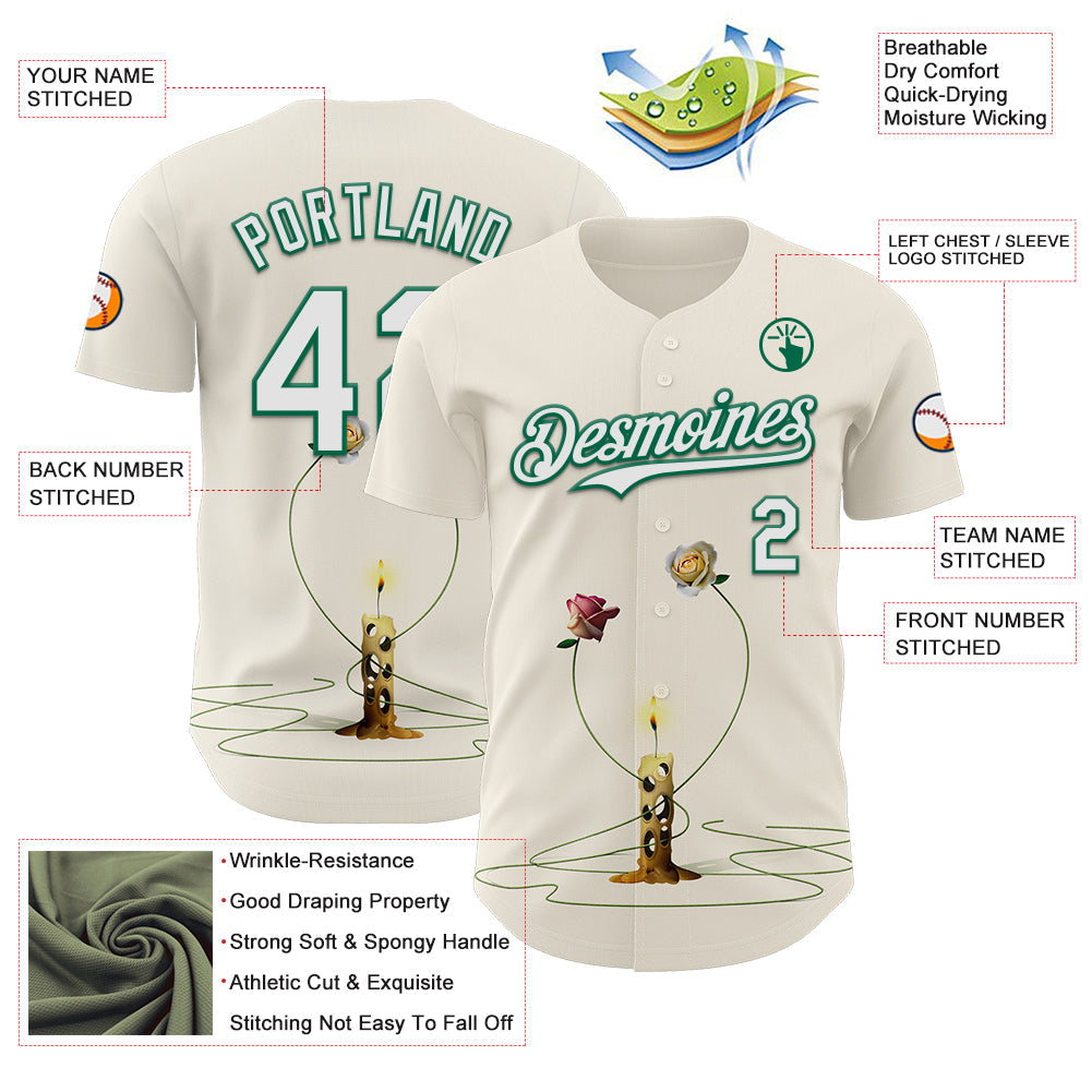 Custom Cream White-Kelly Green 3D Marcel Caram The Dance Of The Roses Authentic Baseball Jersey