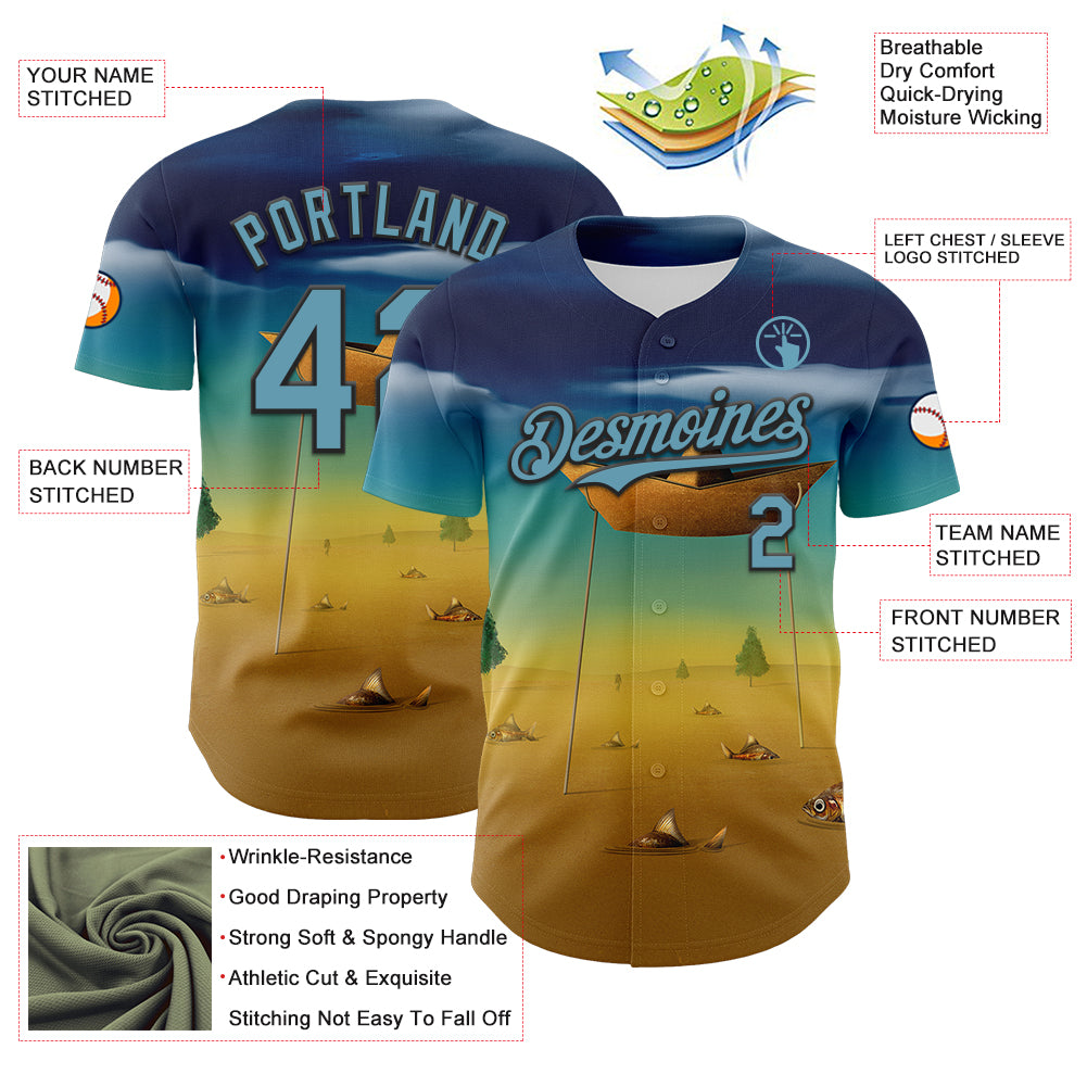 Custom Blue Shadow Blue Yellow-Black 3D Marcel Caram Metaphysical Scene With Little Boat Authentic Baseball Jersey