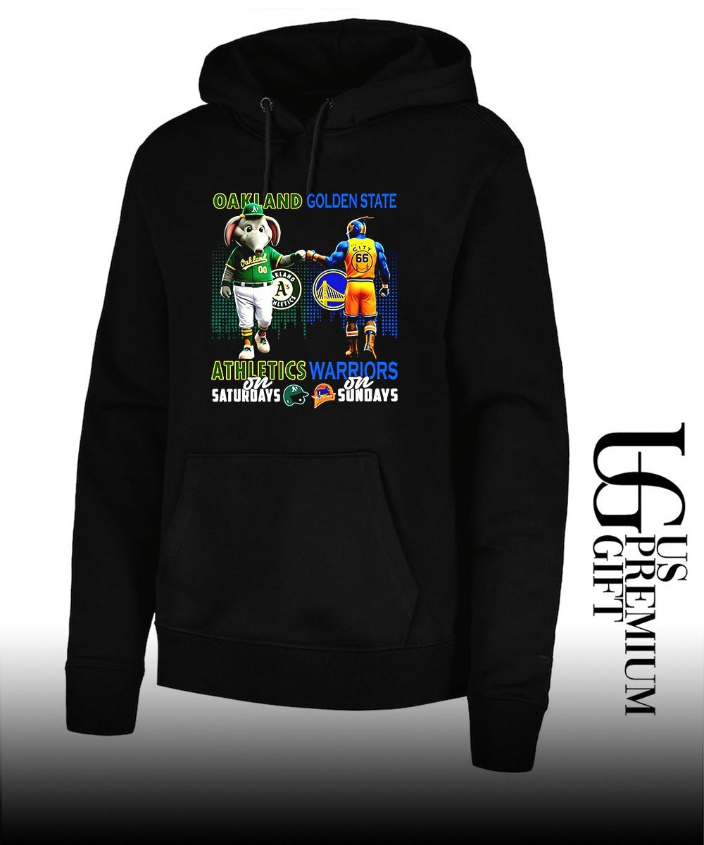Athletics on Saturdays fist bump Golden State Warriors on Sundays city skyline 2026 mascot shirt