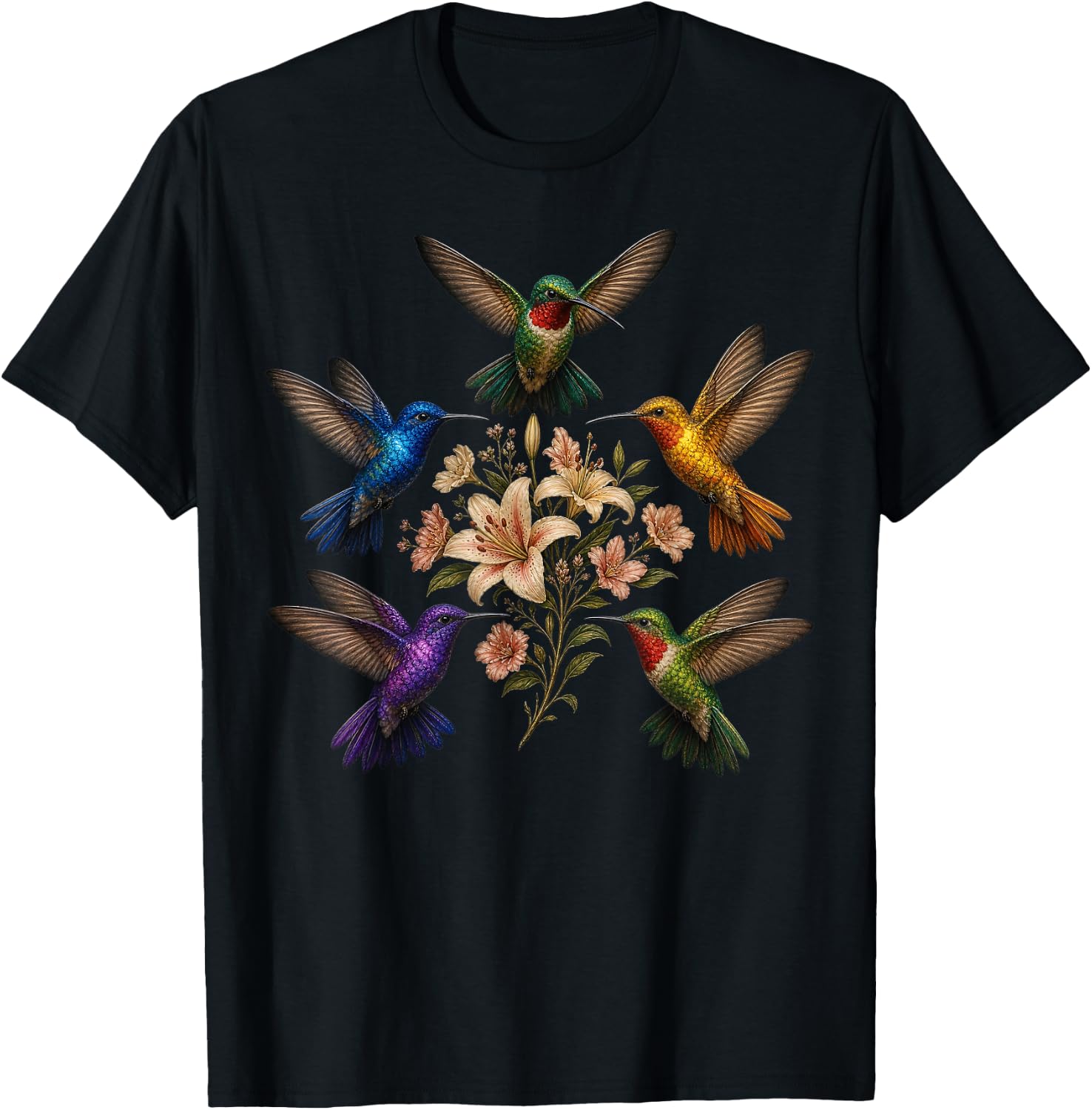 Colorful Hummingbirds Flowers Botanical Nature Bird Artwork T-Shirt