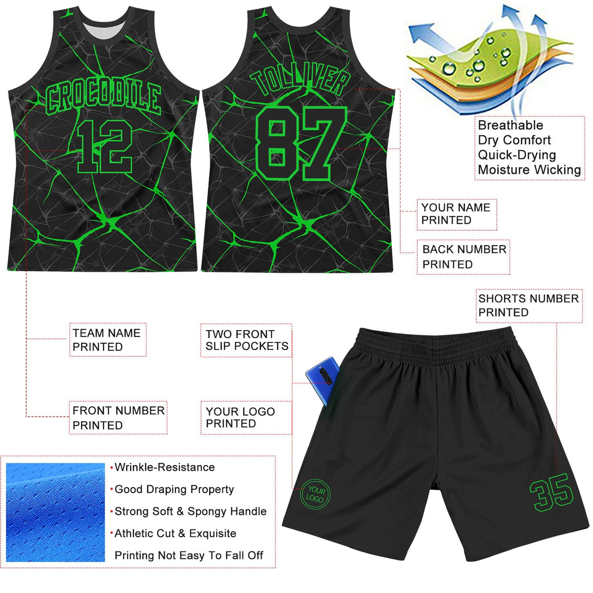 Custom Black Neon Green Abstract Network Round Neck Sublimation Basketball Suit Jersey