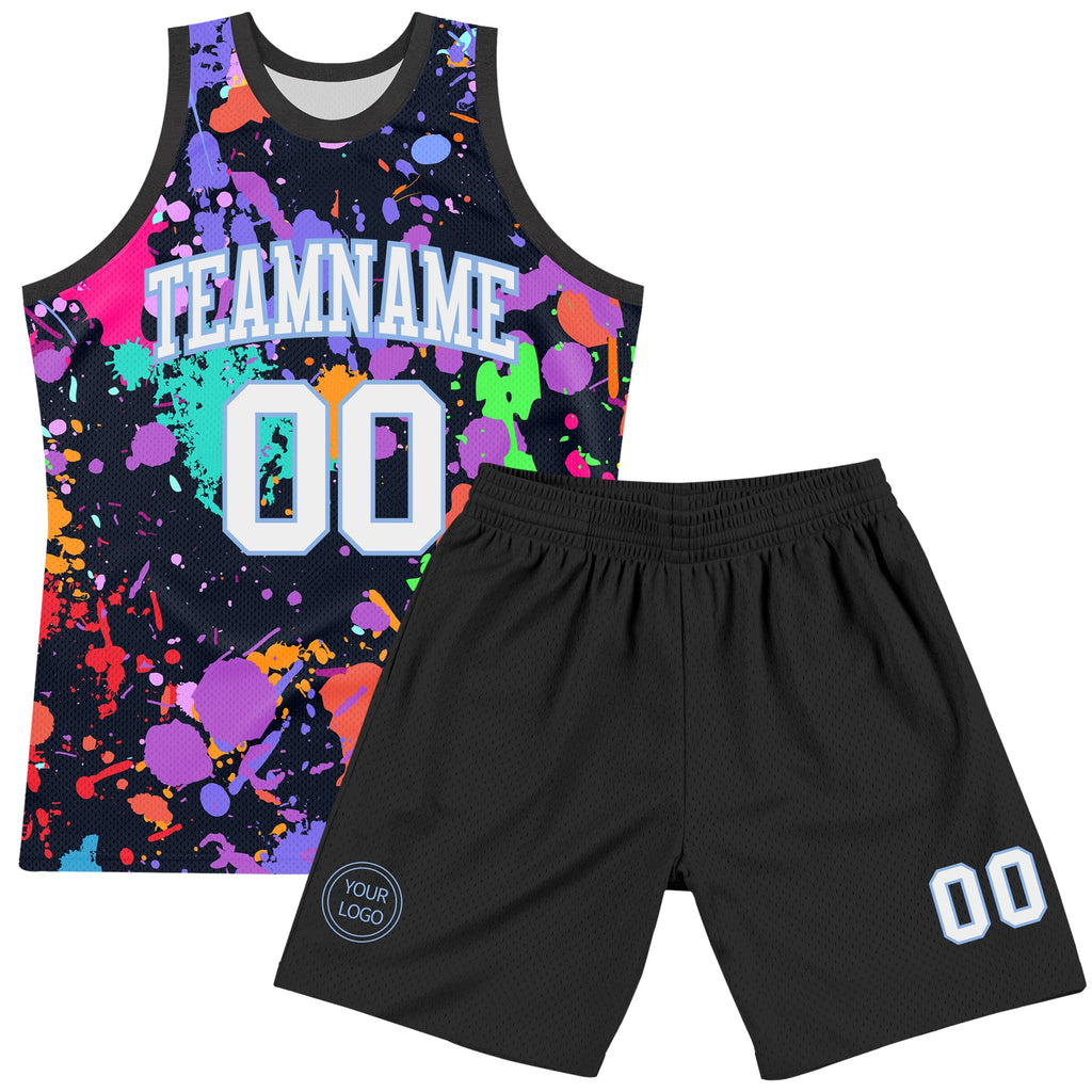 Custom Graffiti Pattern White Light Blue-Black Splash Round Neck Sublimation Basketball Suit Jersey
