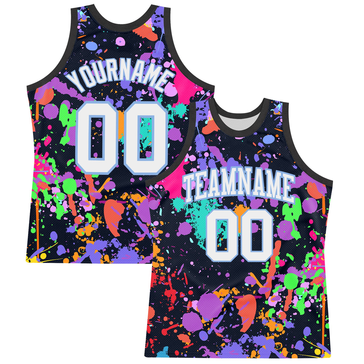 Custom Graffiti Pattern White Light Blue-Black Splash Round Neck Sublimation Basketball Suit Jersey