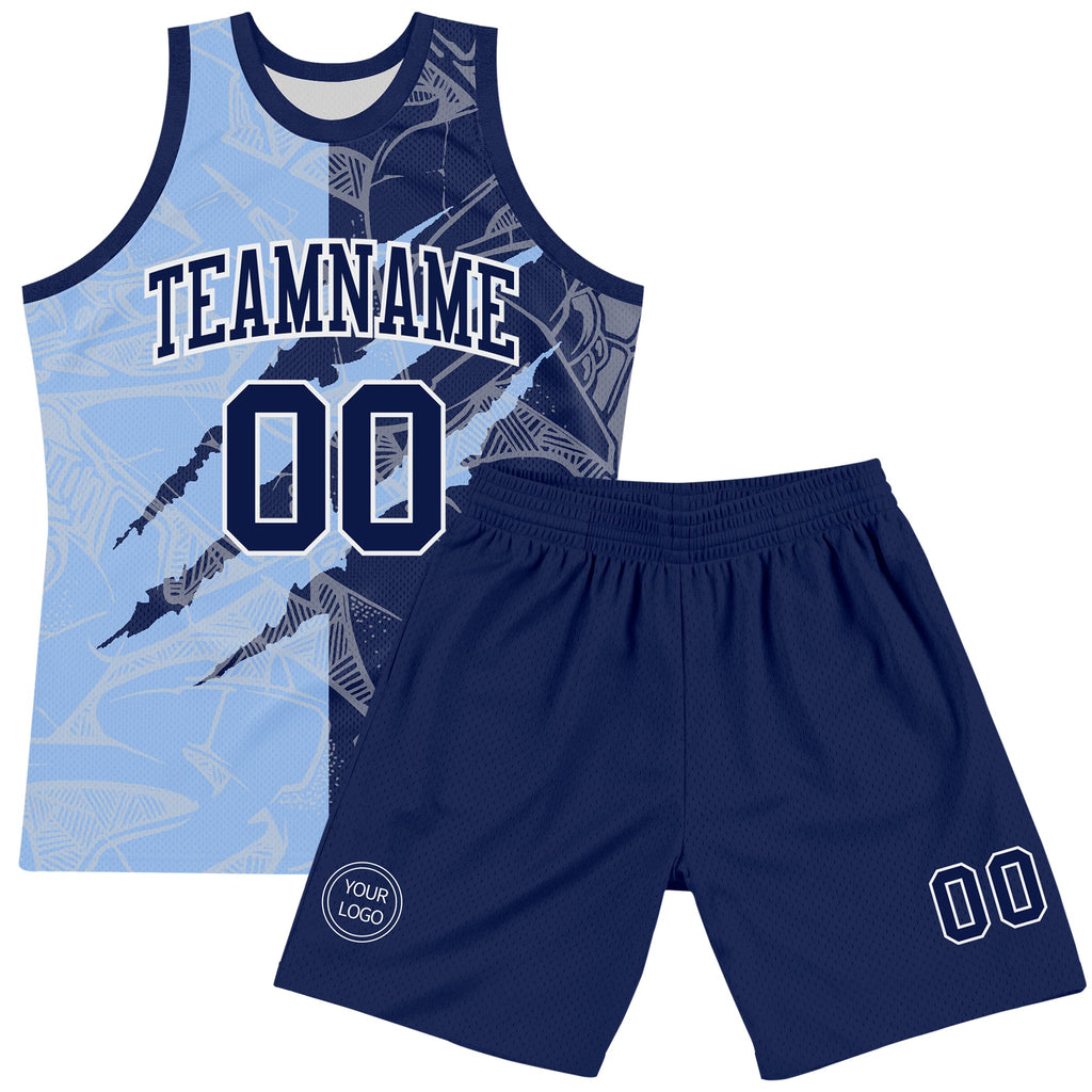Custom Graffiti Pattern Navy Light Blue-White Scratch Round Neck Sublimation Basketball Suit Jersey