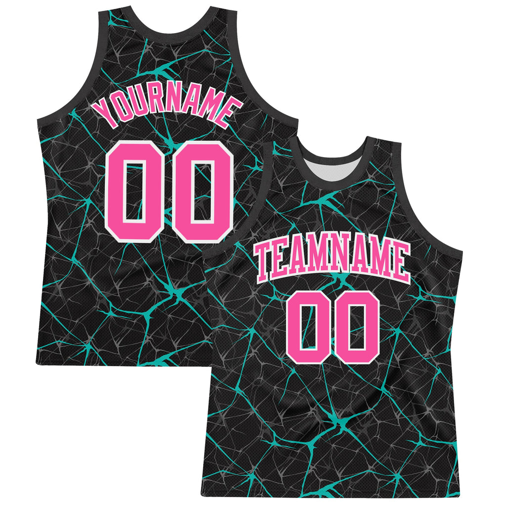 Custom Black Pink Aqua-White Abstract Network Round Neck Sublimation Basketball Suit Jersey