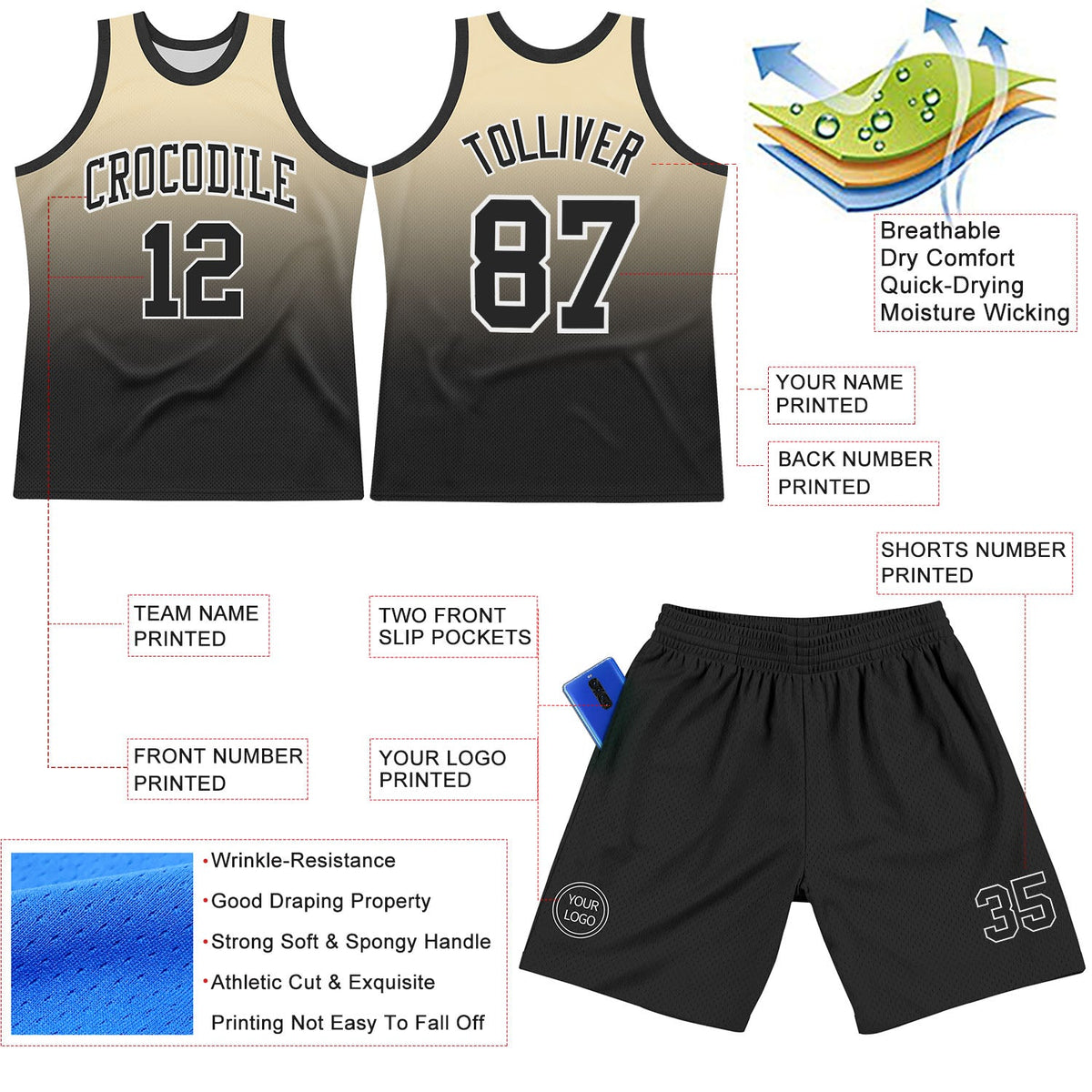 Custom Cream Black-White Fade Fashion Round Neck Sublimation Basketball Suit Jersey