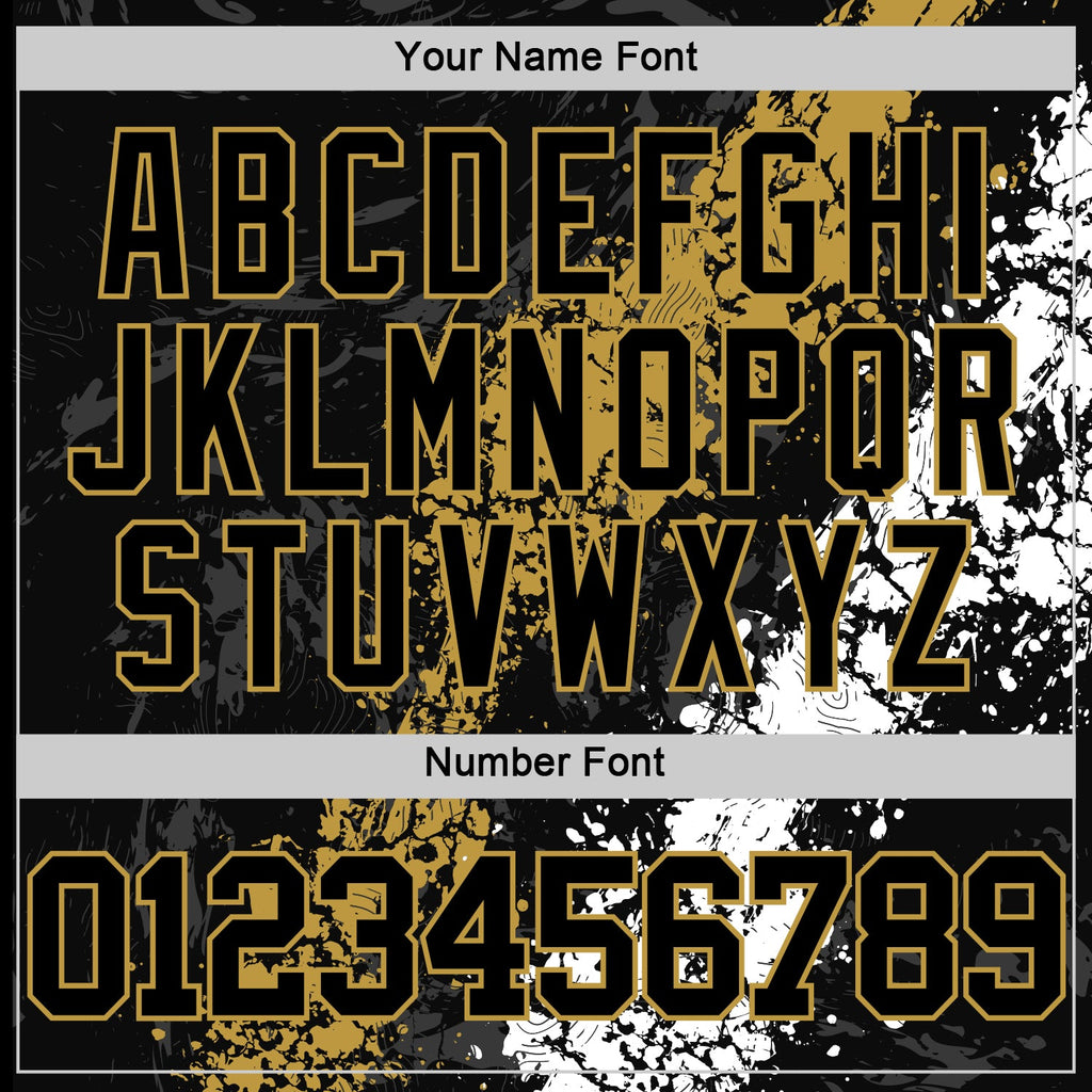 Custom Black Old Gold-White Splash Round Neck Sublimation Basketball Suit Jersey